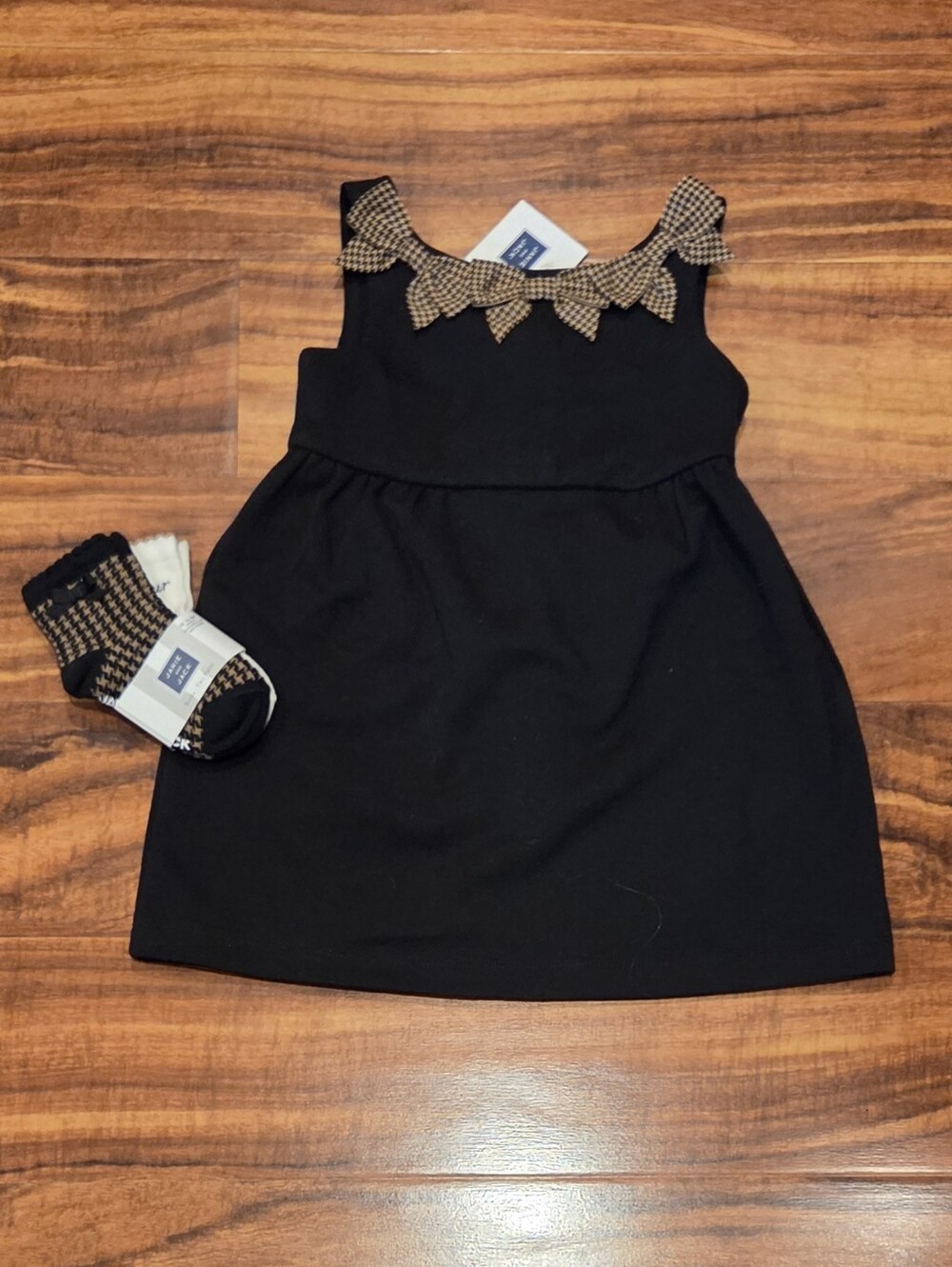 Janie and Jack NWT 18-24 Black Ponte Dress w/ Houndstooth Bows & 2-Pack Socks
